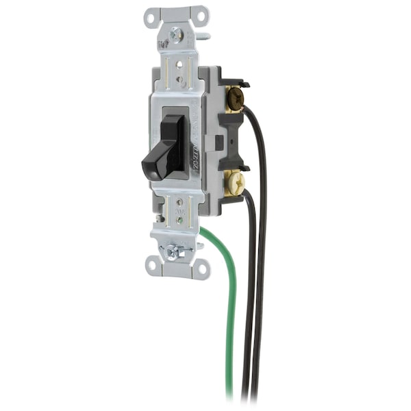 Hubbell Wiring Device-Kellems Spec Grade, Toggle Switches, General Purpose AC, Three Way, 20A 120/277V AC, Back and Side Wired, Pre-Wired with 8" #12 THHN - CSL320BK