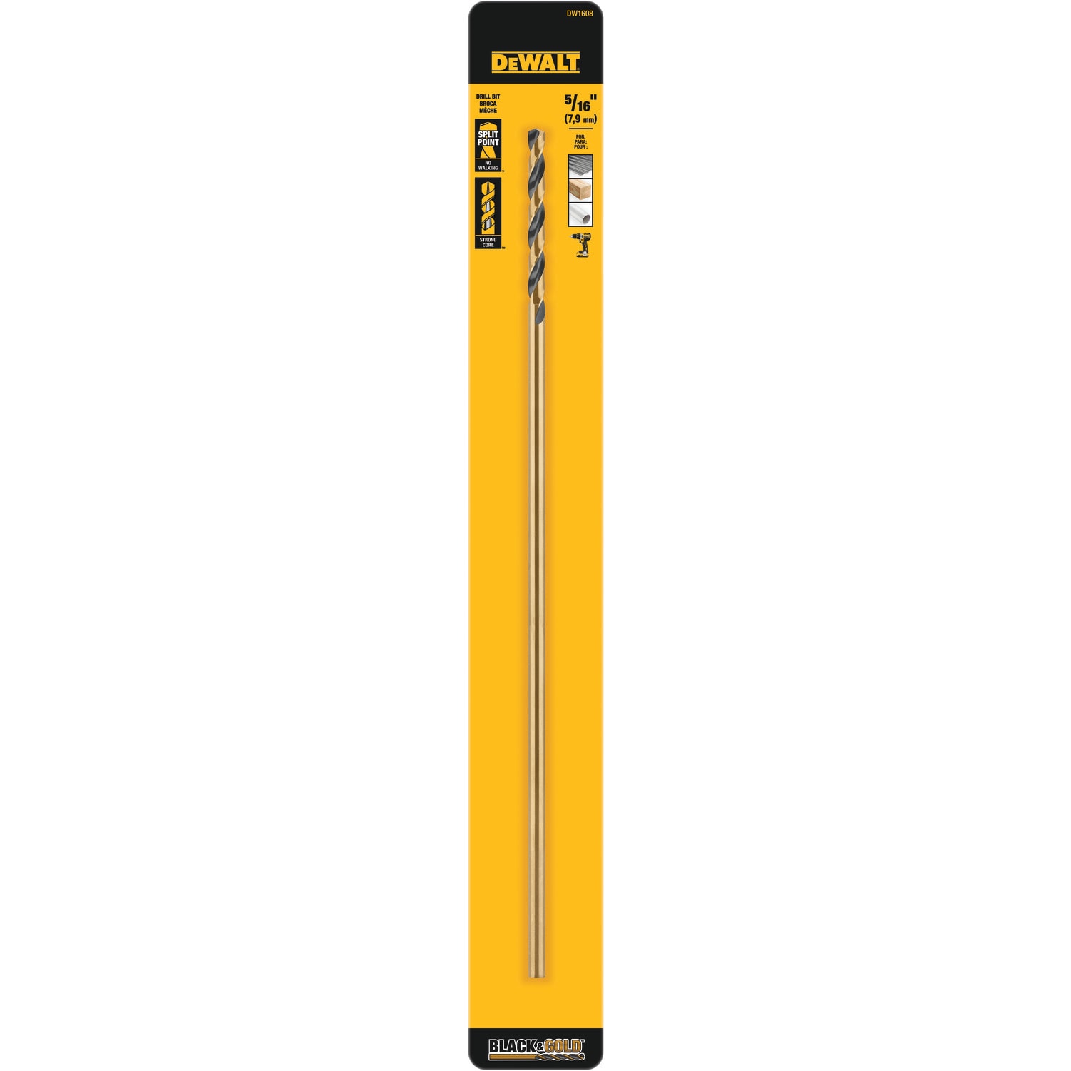 Broca helicoidal DEWALT 5/16 pulg. x 12 pulg. recubierta en negro y dorado de longitud de aeronaves HSS - DW1608.