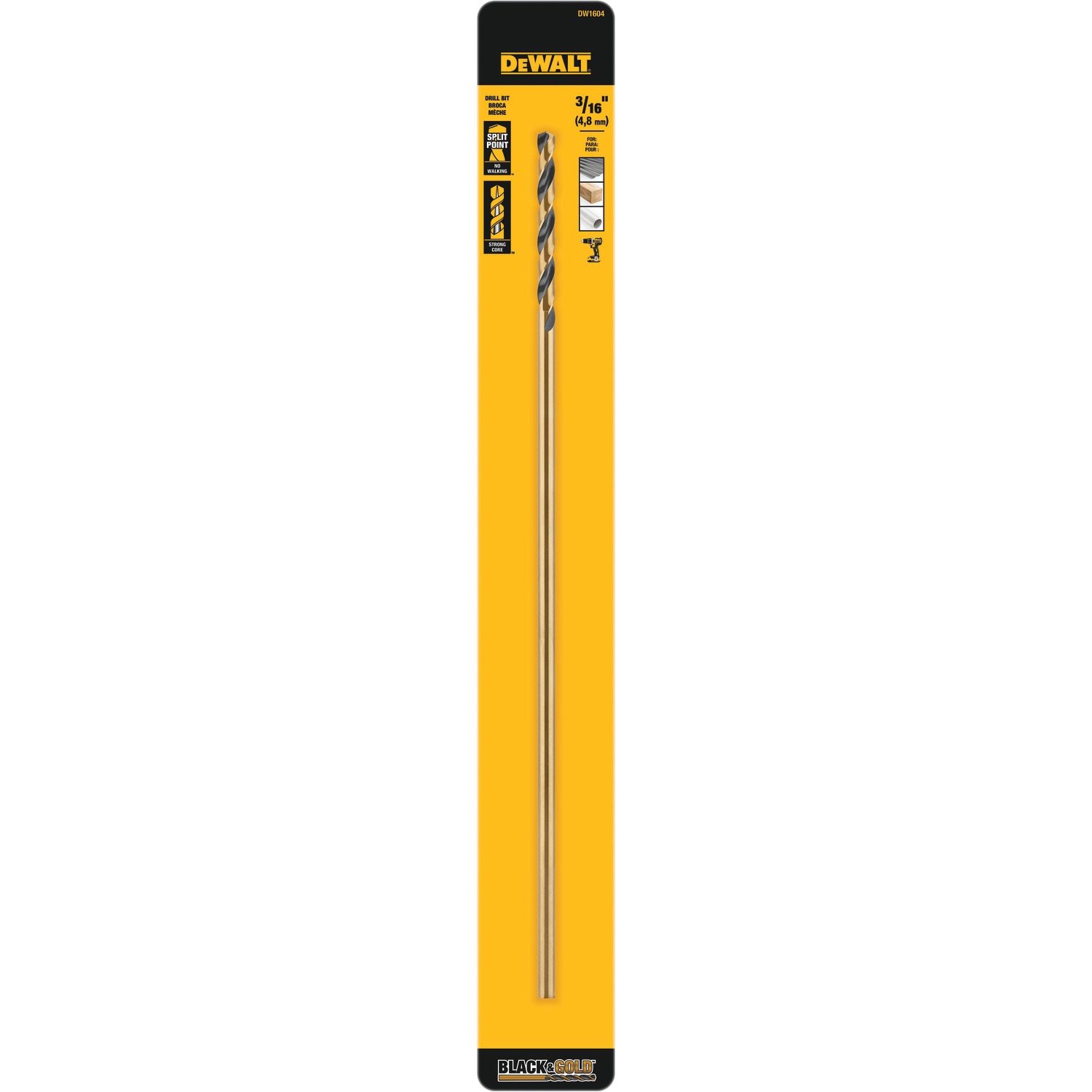 DEWALT Broca de torsión de longitud estándar recubierta en negro y dorado de 3/16 pulgadas por 12 pulgadas - DW1604