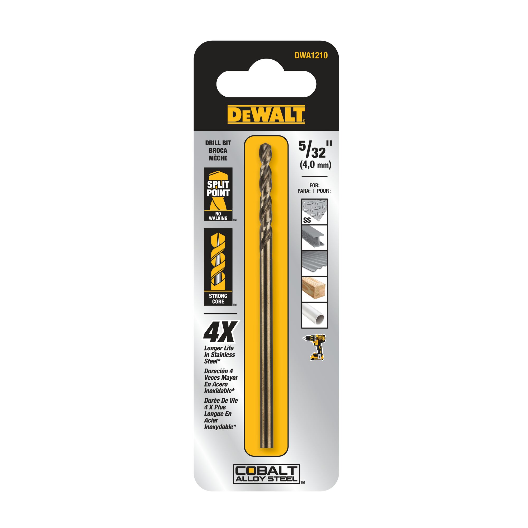 Broca helicoidal de acero de aleación de cobalto DEWALT 5/32 pulg. x 3-1/8 pulg. de longitud para trabajo general - DWA1210.