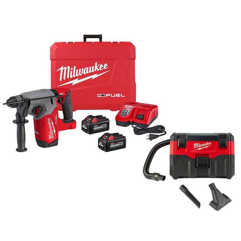 Milwaukee M18 FUEL 18V Lithium-Ion Brushless 1 pulgada Martillo rotativo SDS-Plus inalámbrico Kit con vacío húmedo/seco inalámbrico de 2 galones - 2912-22-0880-20