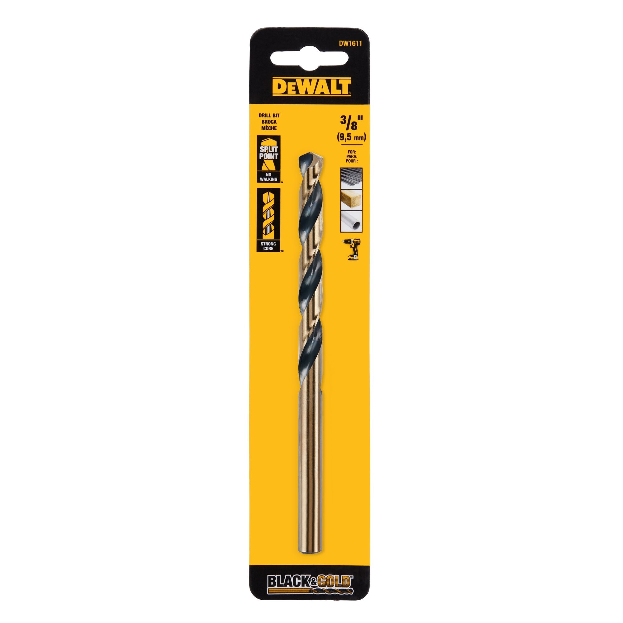 Broca helicoidal DW1611 DEWALT DEWALT de 3/8 pulg. x 6 pulg. recubierta en negro y dorado de alta velocidad (HSS) de longitud de aeronave.