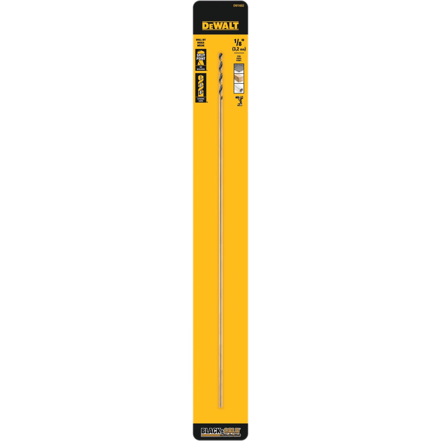Broca helicoidal de longitud estándar recubierta en negro y dorado DEWALT 1/8 pulgadas x 12 pulgadas - DW1602