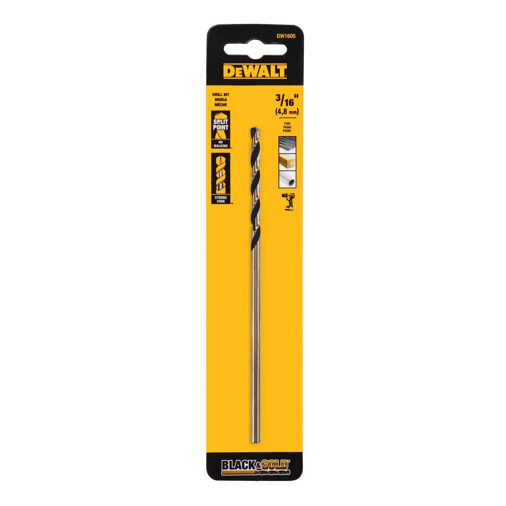 Broca helicoidal de longitud de aeronave con recubrimiento negro y dorado DEWALT 3/16 pulg. x 6 pulg. - DW1605