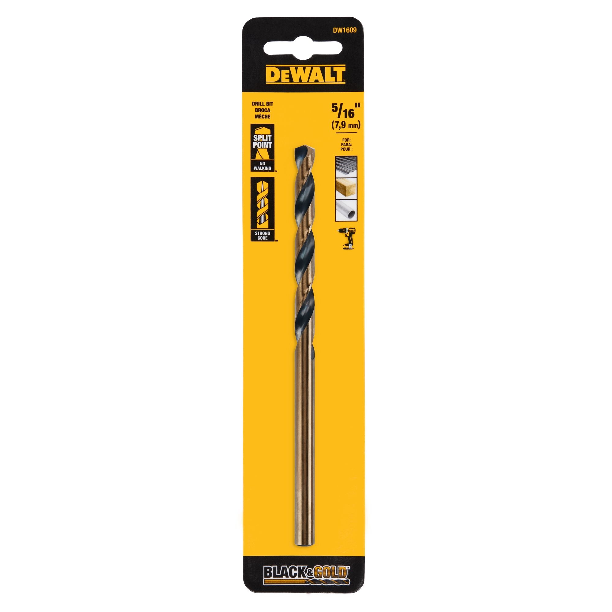 Broca helicoidal de longitud de avión recubierta en negro y oro DEWALT 5/16 pulg. x 6 pulg. - DW1609.
