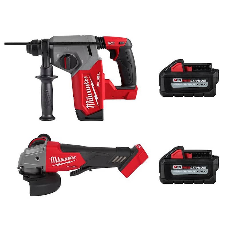 Martillo rotativo Milwaukee M18 FUEL de 18V con tecnología de litio-ion sin escobillas de 1 pulgada SDS-Plus con amoladora y dos baterías de 6.0 Ah - 2912-20-2880-20-48-11-1862