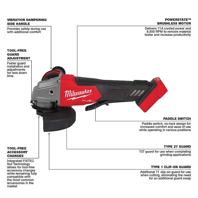 Martillo rotativo Milwaukee M18 FUEL de 18V con tecnología de litio-ion sin escobillas de 1 pulgada SDS-Plus con amoladora y dos baterías de 6.0 Ah - 2912-20-2880-20-48-11-1862