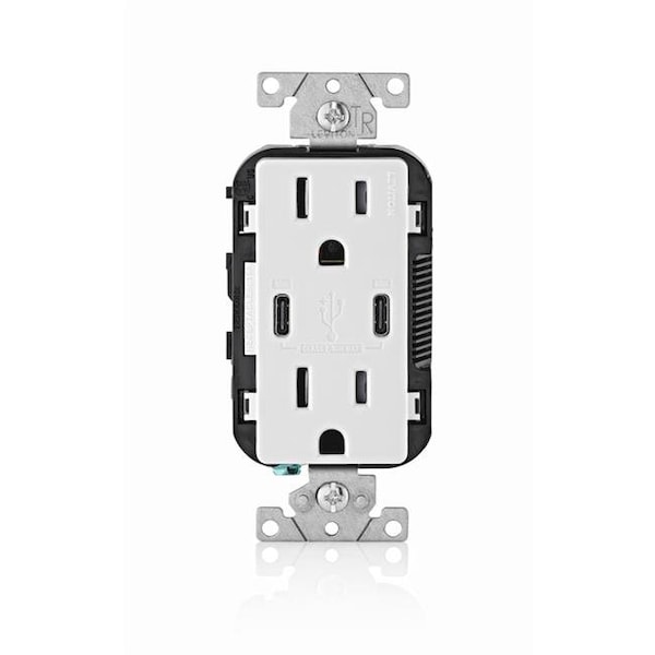 Leviton 3006768 15 amperios 125V 5-15 R Dúplex y Tipo C Tomacorriente Blanco con Cargador USB; Blanco - 3006768