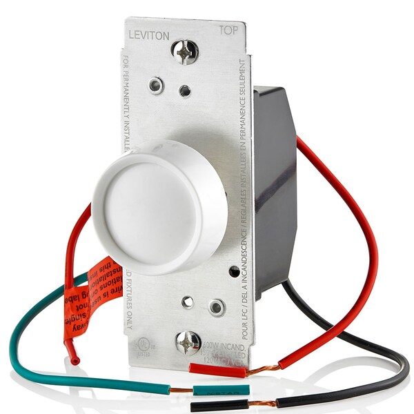 Interruptor atenuador universal Leviton blanco con rotación y pulsador, 600W INC - RDL06-10Z