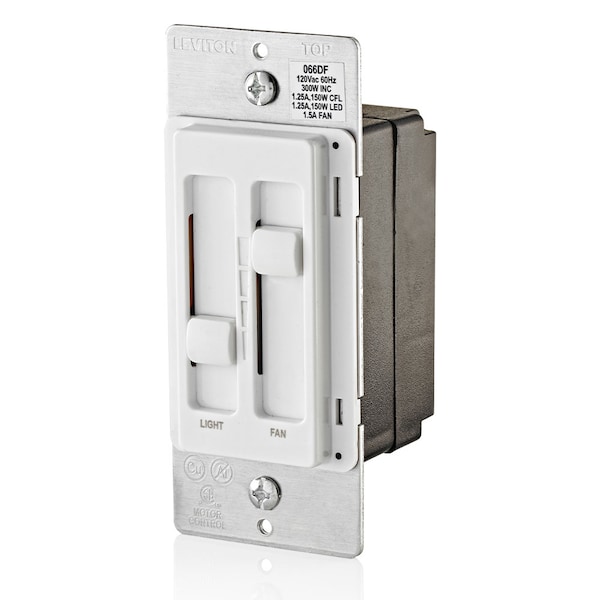 Interruptor atenuador SureSlide universal para ventilador-luz 120V WH - 66DF-10W de Leviton