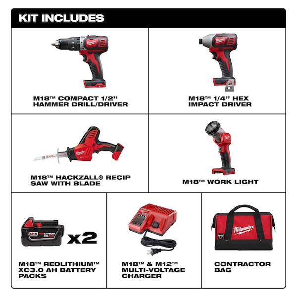 Milwaukee Tool Cordless Combination Kit, 18.0V, Li-Ion - 2695-24, 48-11-1850