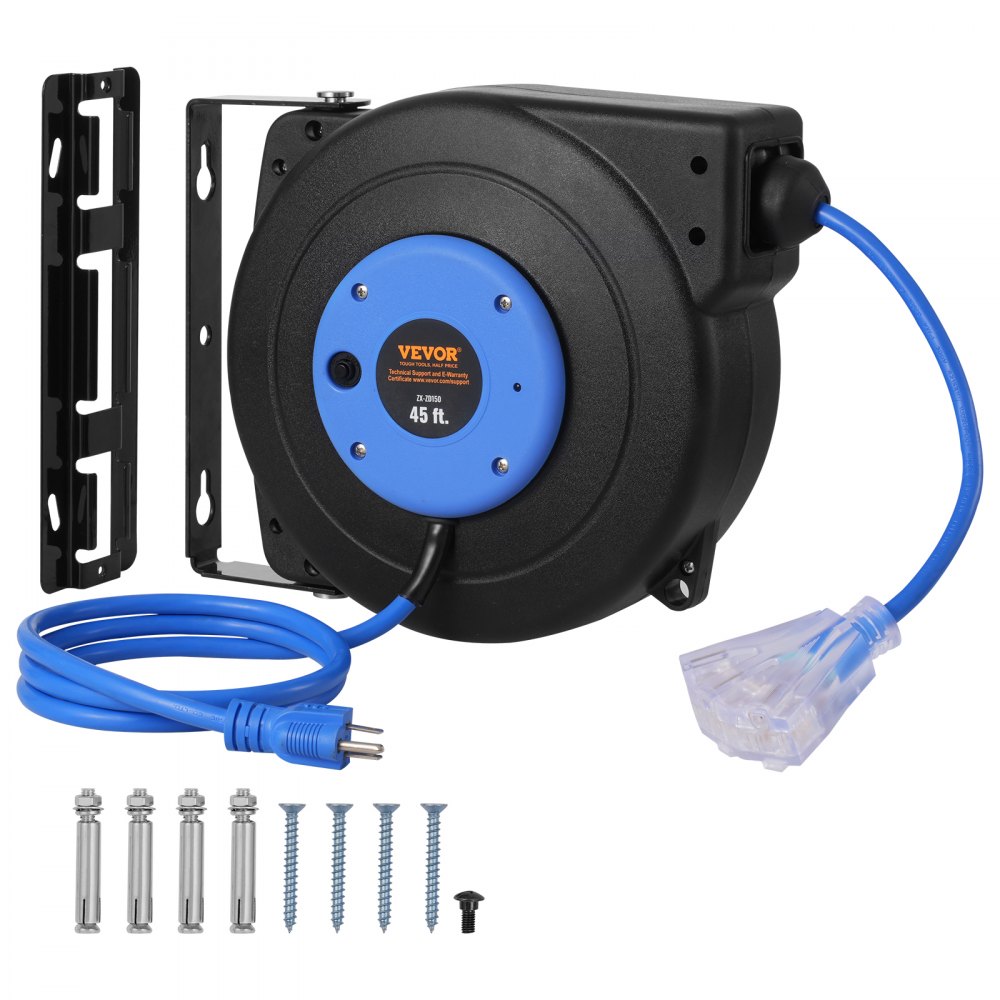 VEVOR Retractable Extension Cord Reel Power Cord Reel 45FT 12AWG/3C SJTOW - SSSJXQ45FTHLQIXOUV1