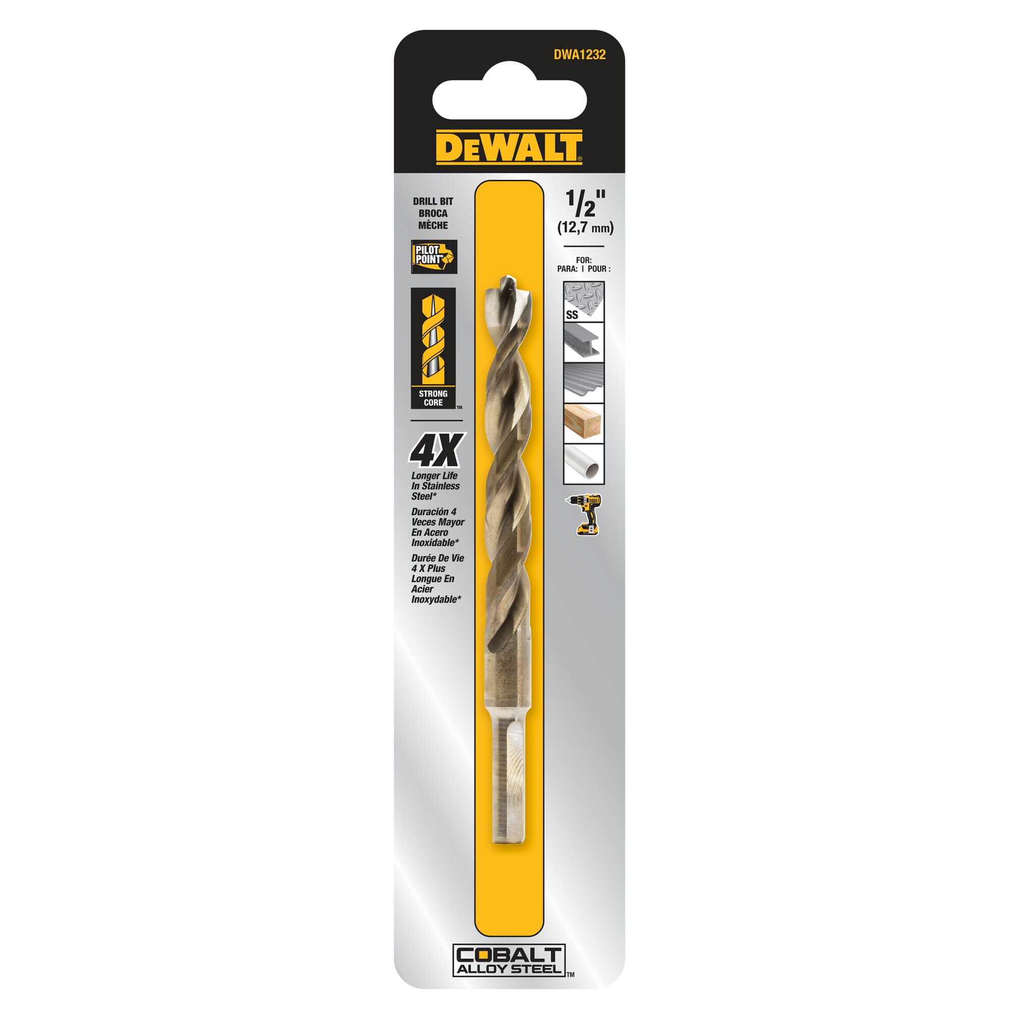 Broca helicoidal de acero de aleación de cobalto de trabajo de 6-1/8 pulgadas x 1/2 pulgadas DEWALT - DWA1232