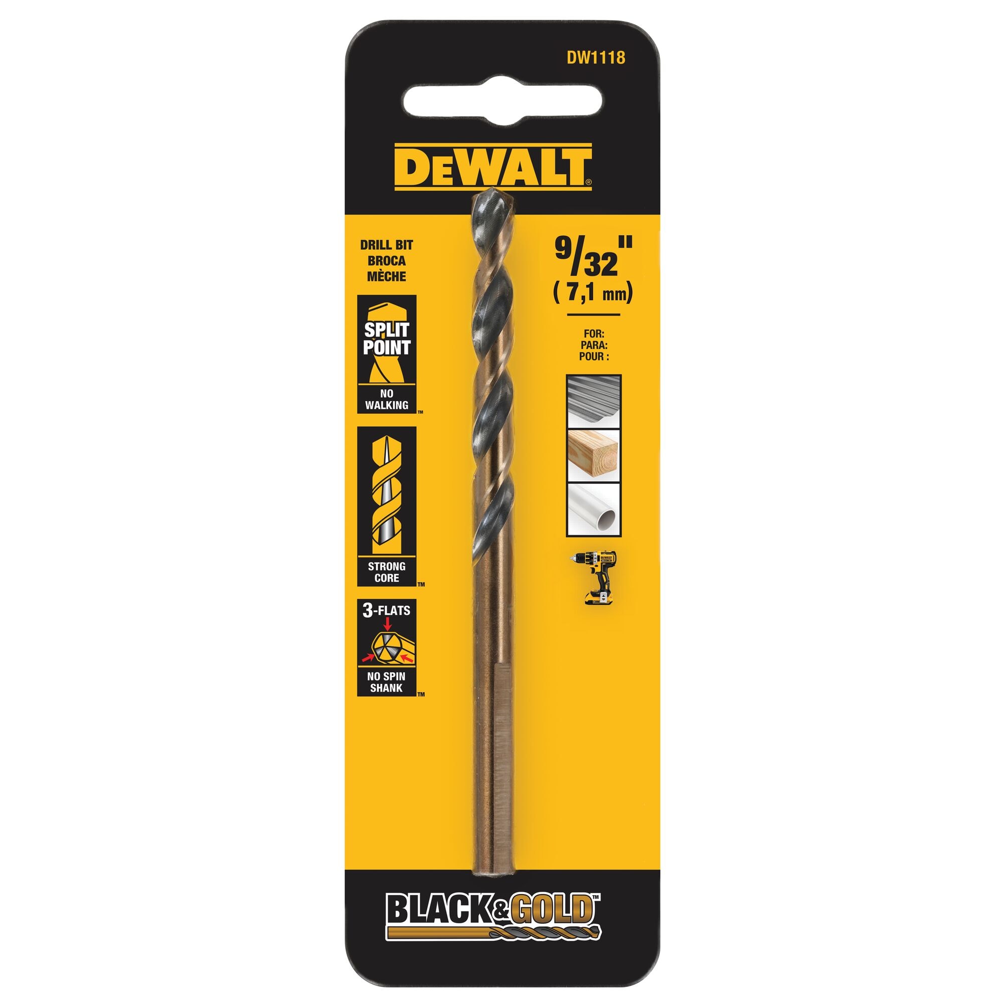DEWALT DEWALT Broca helicoidal con recubrimiento HSS negro y dorado de 9/32 pulg. x 4-5/16 pulg. de longitud para trabajo pesado - DW1118