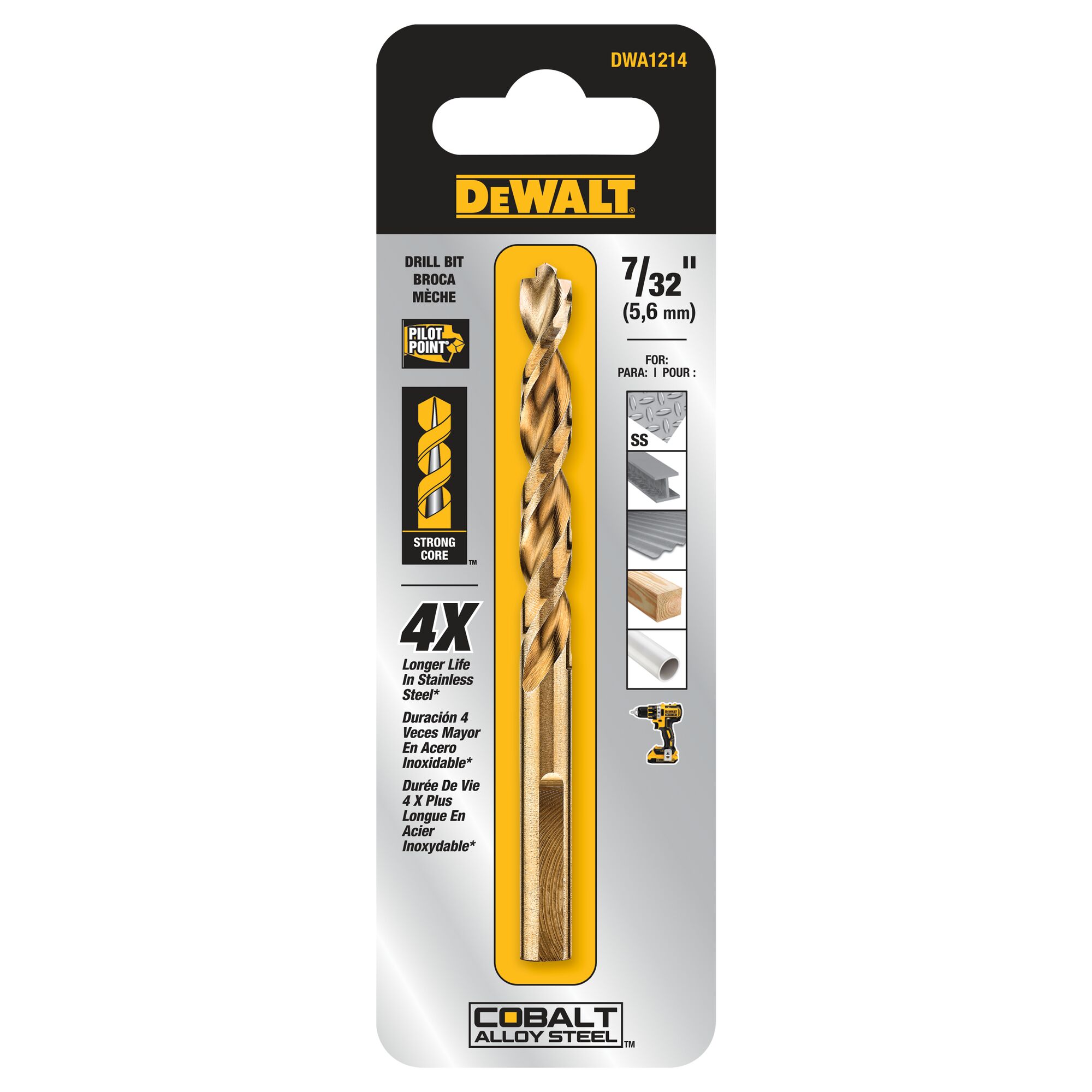 Broca helicoidal de aleación de acero cobalto DEWALT DEWALT de 7/32 pulgadas x 3-3/4 pulgadas de longitud estándar para trabajo pesado - DWA1214.