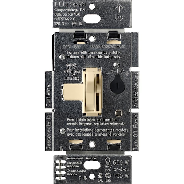 Interruptor atenuador de 3 vías Lutron en color marfil de 150 W 1 pieza - TGCL-153PH-IV