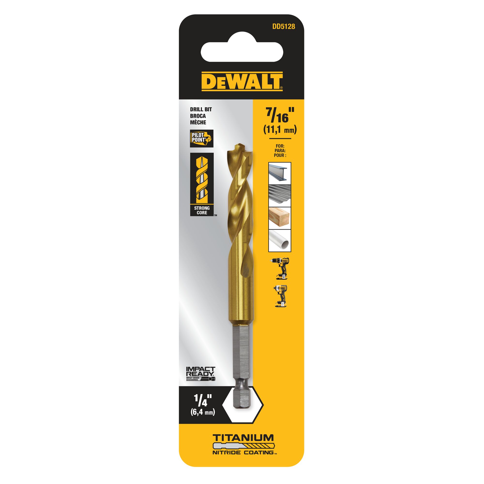 Broca helicoidal de alto rendimiento DEWALT 7/16 pulgadas x 6 pulgadas con revestimiento de nitruro de titanio - DD5128