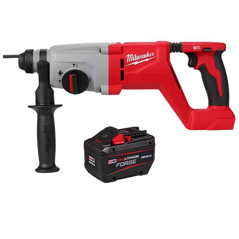 Martillo rotativo sin escobillas Milwaukee M18 18V Lith-Ion inalámbrico de 1 pulgada SDS-Plus con mango en D y batería M18 REDLITHIUM FORGE HD de 12.0 Ah - 2613-20-48-11-1813