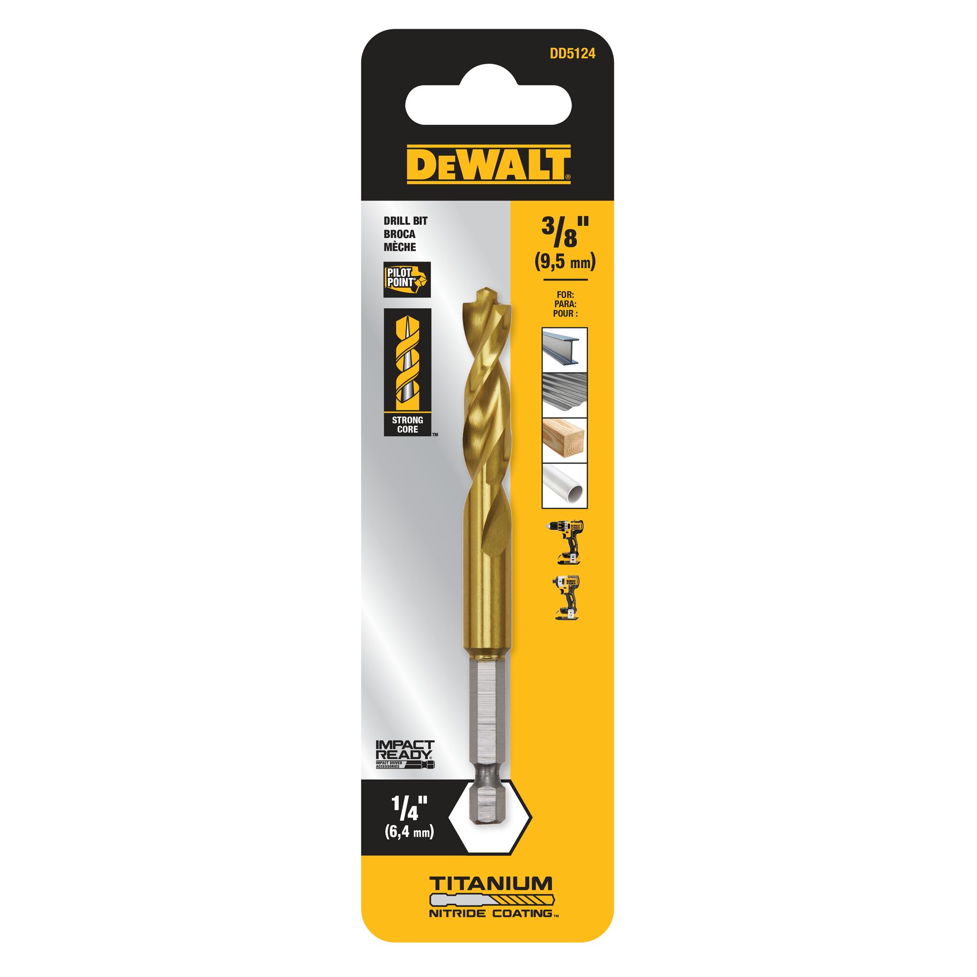 DEWALT Broca helicoidal de longitud estándar recubierta con nitruro de titanio de 3/8 pulgadas x 6 pulgadas - DD5124
