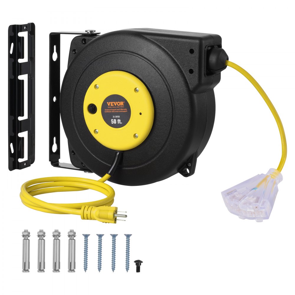 VEVOR Retractable Extension Cord Reel Power Cord Reel 50FT 14AWG/3C SJTOW - SSSJXQ50FTHH5SLMPV1
