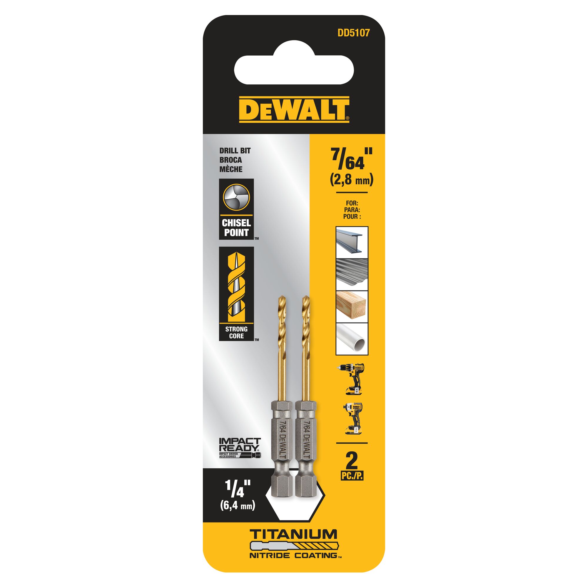 DEWALT Broca de torsión de longitud de trabajo de titanio recubierta de nitruro de 2 piezas de 7/64 pulgadas x 2-9/16 pulgadas - DD5107