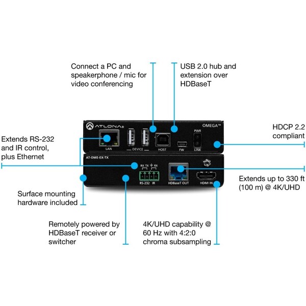Atlona Omega 4K; Transmisor UHD HDMI sobre HDBaseT con USB y Control - AT-OME-EX-TX