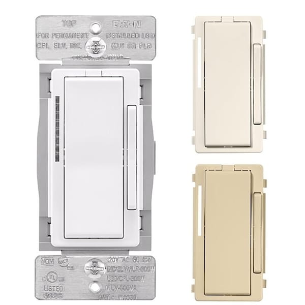 Interruptor atenuador inteligente Eaton Wiring Devices WFD30-C2-SP-L, 1 polo, 3 vías, 120 VAC, 60 Hz, Wi-Fi, almendra clara/ marfil/ blanco