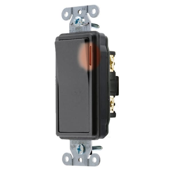 Hubbell Wiring Device-Kellems Spec Grade, Pilot Light Decorator Switches, General Purpose AC, Single Pole, 20A 120/277V AC, Back and Side Wired, Pre-Wired with 8" #12 THHN - DS120PLBK