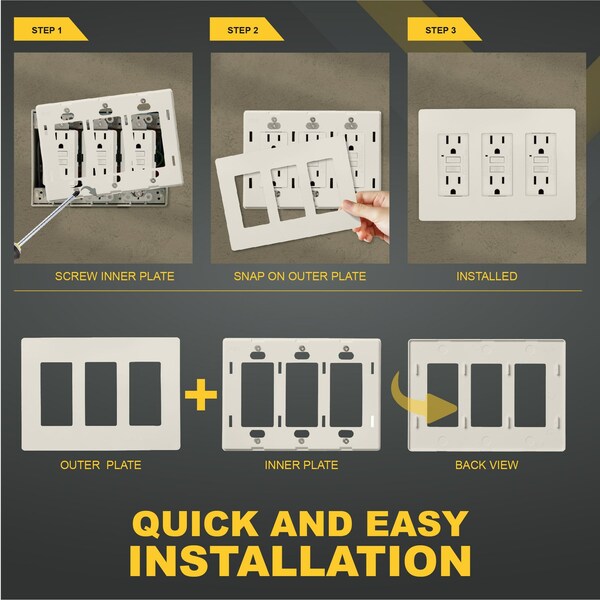 Placas de pared sin tornillos Child Safe Outlet Covers de 3 vías, receptáculo USB, almedra clara - SWP3-LA-01