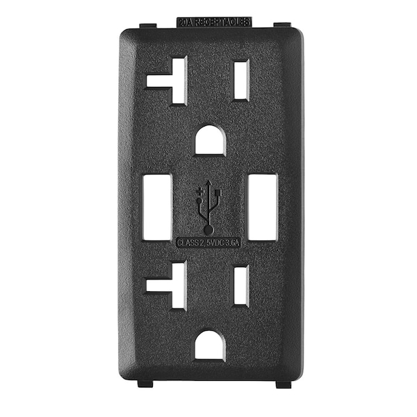 Interruptor de dispositivo combinado Leviton ONYX BLK RENU con cargador USB de 20 amperes y receptáculo con placa frontal - RKAA2-OB