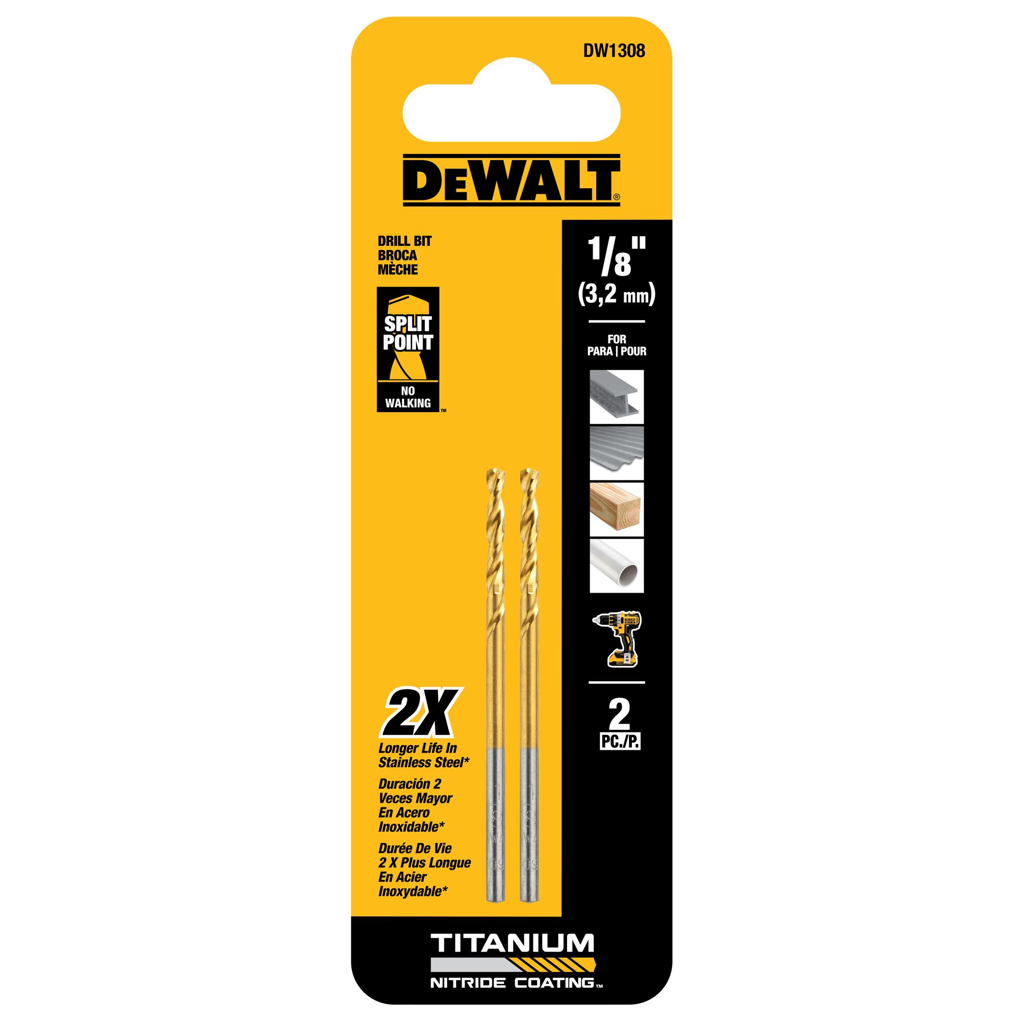 DEWALT Juego de 2 piezas de brocas helicoidales de longitud de trabajo de 1/8 pulgadas recubiertas de nitruro de titanio HSS - DW1308