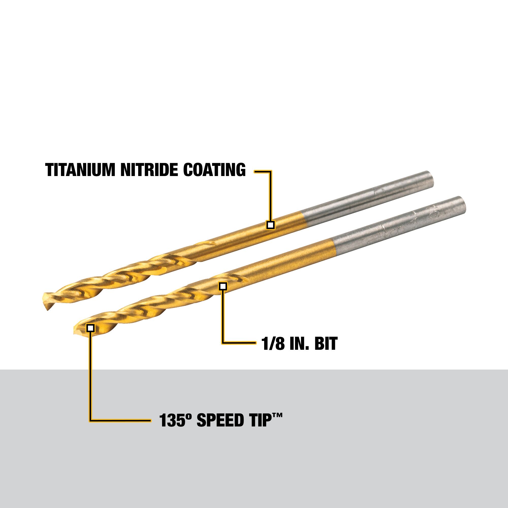 DEWALT Juego de 2 piezas de brocas helicoidales de longitud de trabajo de 1/8 pulgadas recubiertas de nitruro de titanio HSS - DW1308
