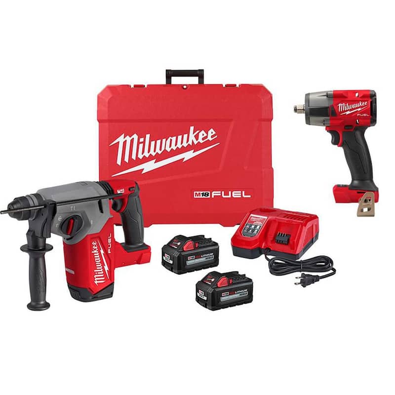 Martillo rotativo sin cable Milwaukee M18 FUEL de 18 voltios de iones de litio con tecnología Brushless de 1 pulgada SDS-Plus Kit con llave de impacto FUEL de 1/2 pulgada - 2912-22-2962-20.