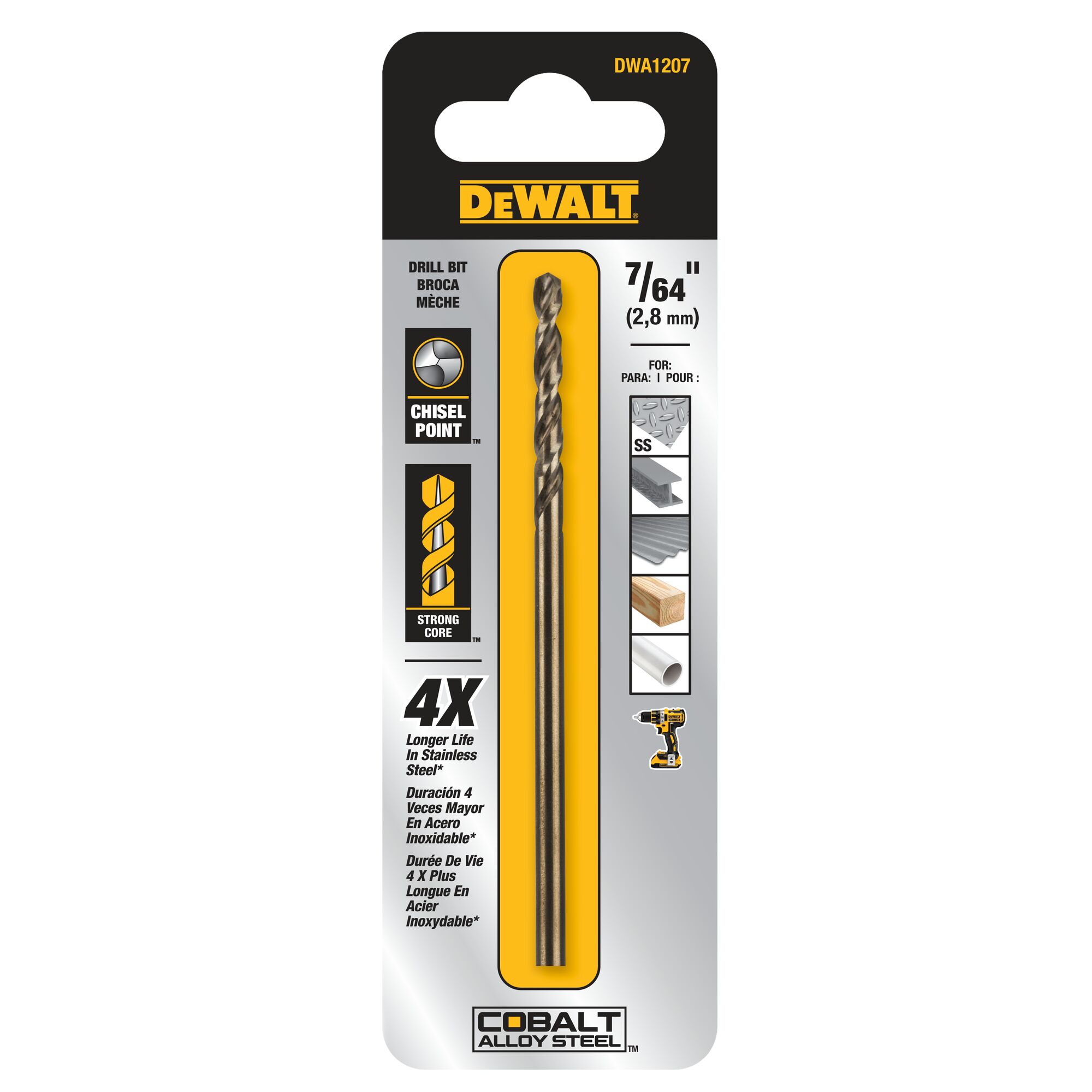 Broca helicoidal de acero aleado de cobalto DEWALT 7/64 pulg. x 2-5/8 pulg. - DWA1207 de longitud estándar