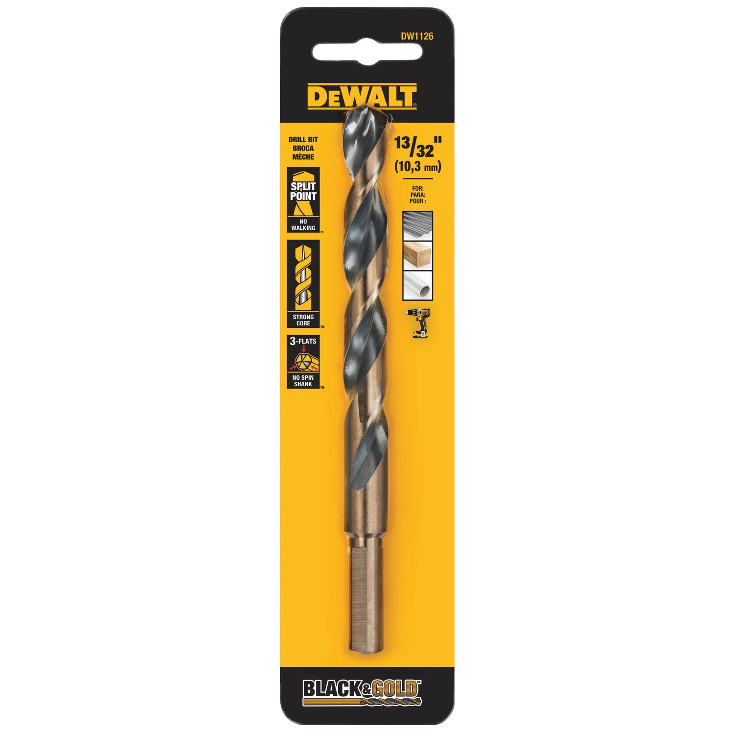 Broca helicoidal de longitud estándar DEWALT DEWALT 13/32 pulgadas x 5-3/8 pulgadas con revestimiento negro y dorado de acero de alta velocidad - DW1126