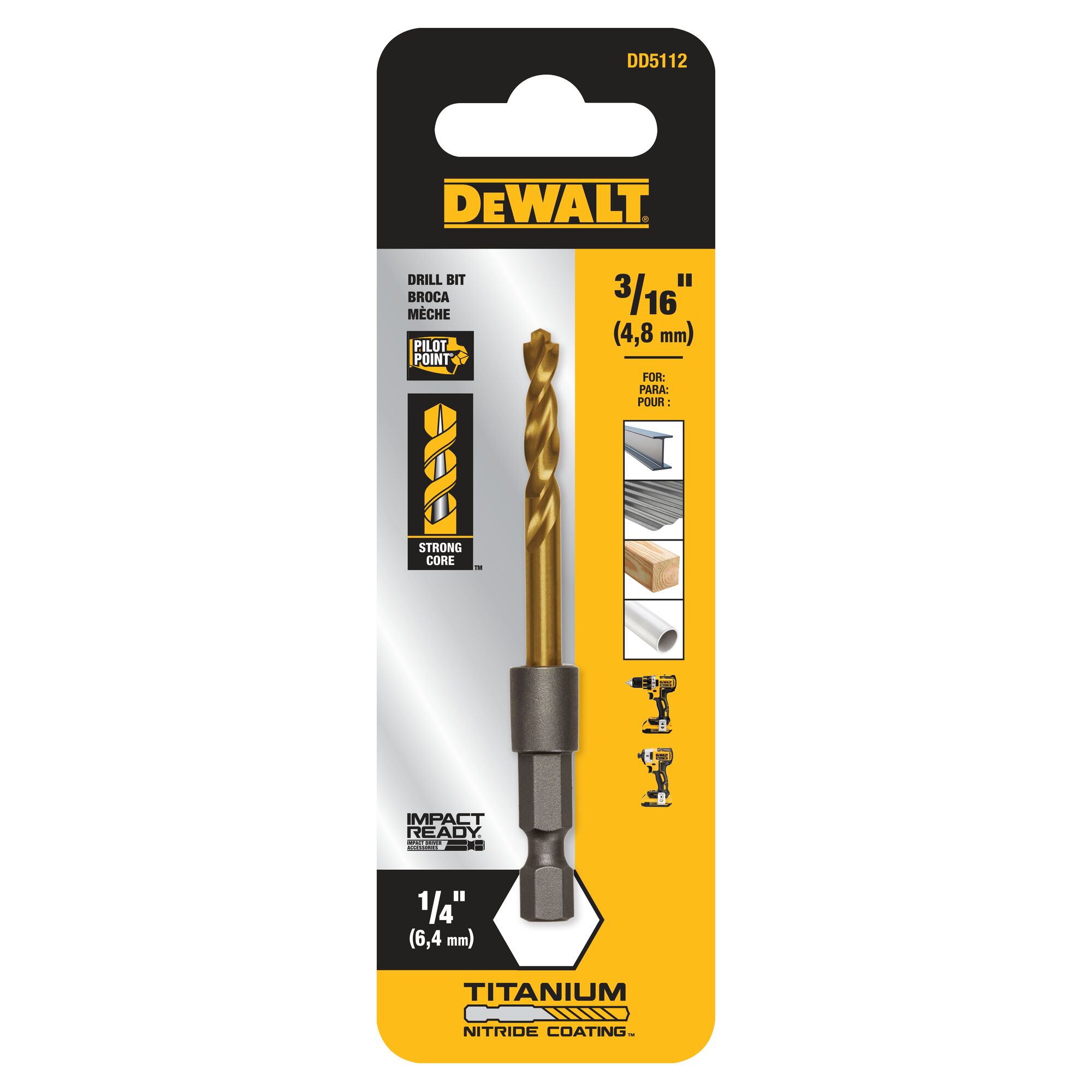 Broca helicoidal de longitud estándar DEWALT 3/16 pulg. x 29 mm recubierta de nitruro de titanio HSS - DD5112.