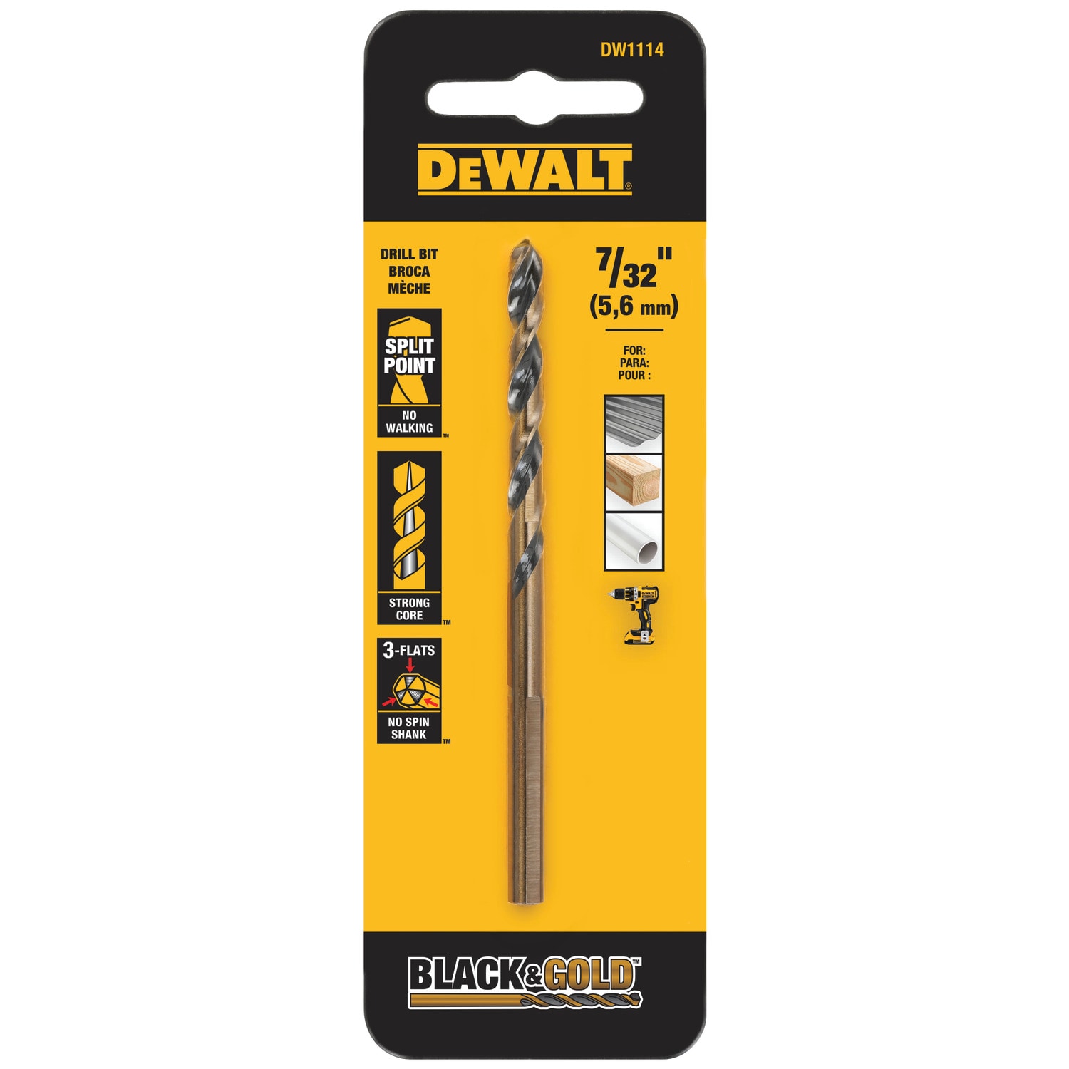 DEWALT 7/32 pulgadas x 3-3/4 pulgadas Broca helicoidal de longitud estándar recubierta en negro y oro de HSS - DW1114