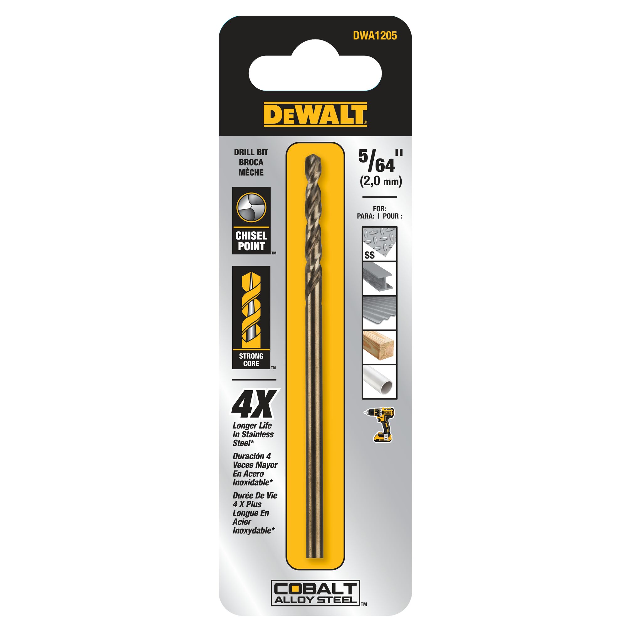 Broca helicoidal para trabajo pesado de acero de aleación de cobalto DEWALT 5/64 pulgadas x 2 pulgadas - DWA1205