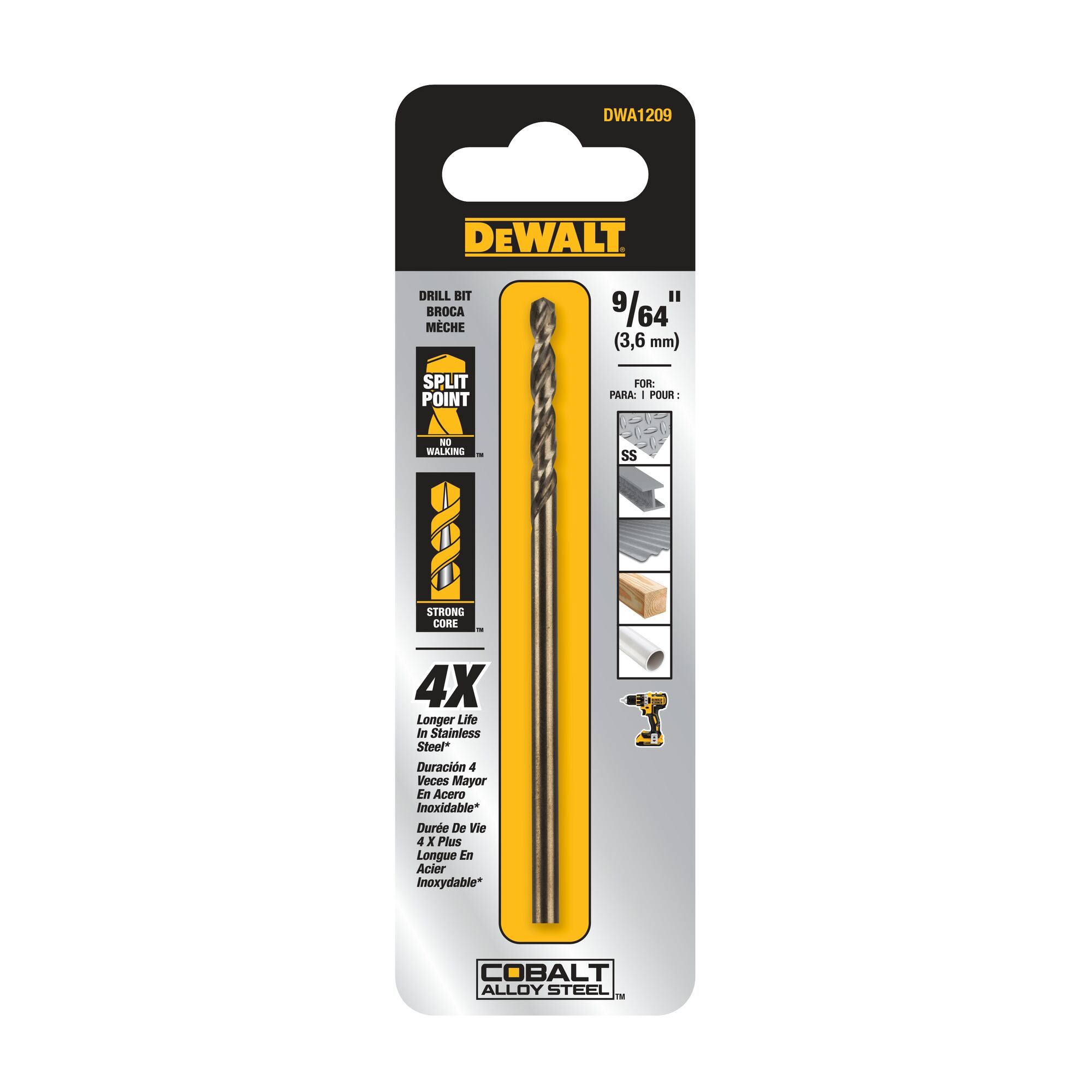 Broca helicoidal de acero de aleación de cobalto DEWALT 9/64 pulg. x 2-7/8 pulg. de longitud para trabajos - DWA1209