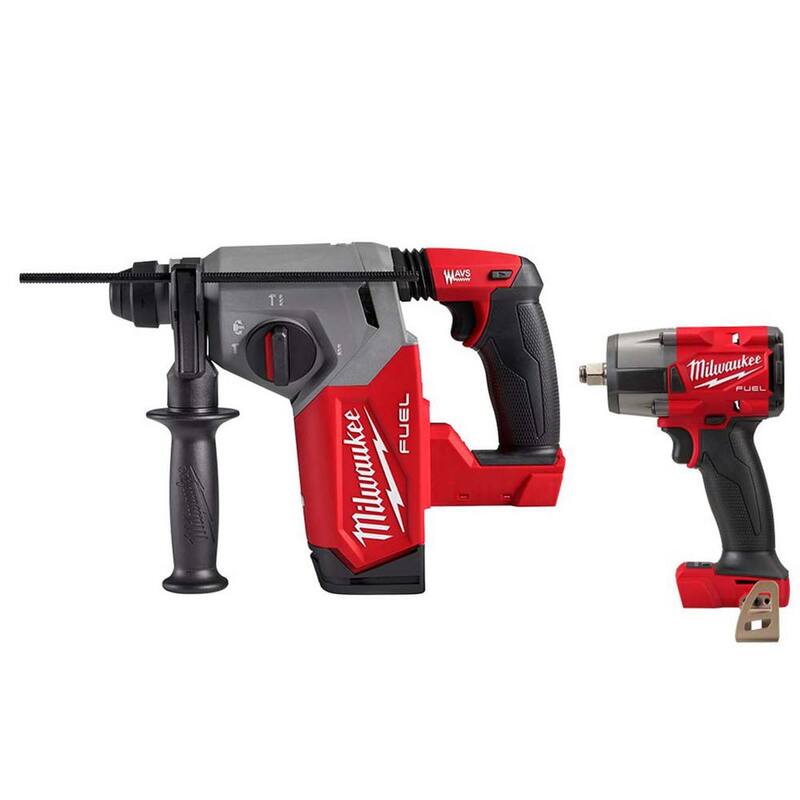 Martillo rotativo sin escobillas Milwaukee M18 FUEL de 18V con batería de iones de litio inalámbrico de 1 pulgada SDS-Plus con llave de impacto de 1/2 pulgadas de torque medio - 2912-20-2962-20.
