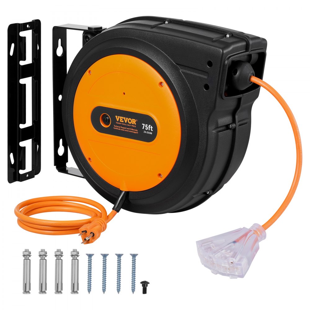VEVOR Retractable Extension Cord Reel Power Cord Reel 75FT 14AWG/3C SJTOW - SSSJXQ75FTCH29NZ1V1