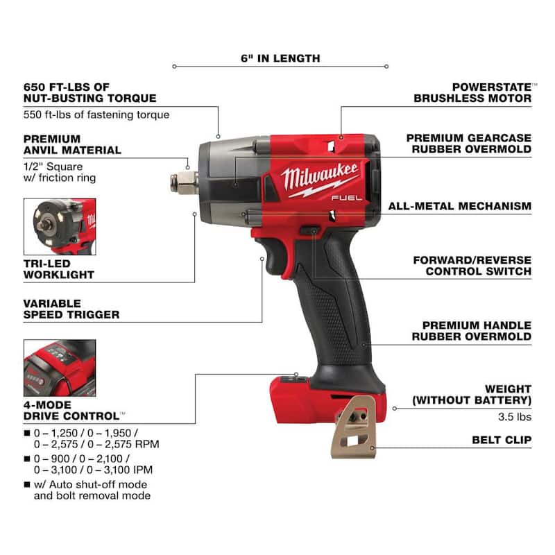 Martillo rotativo sin escobillas Milwaukee M18 FUEL de 18V con batería de iones de litio inalámbrico de 1 pulgada SDS-Plus con llave de impacto de 1/2 pulgadas de torque medio - 2912-20-2962-20.