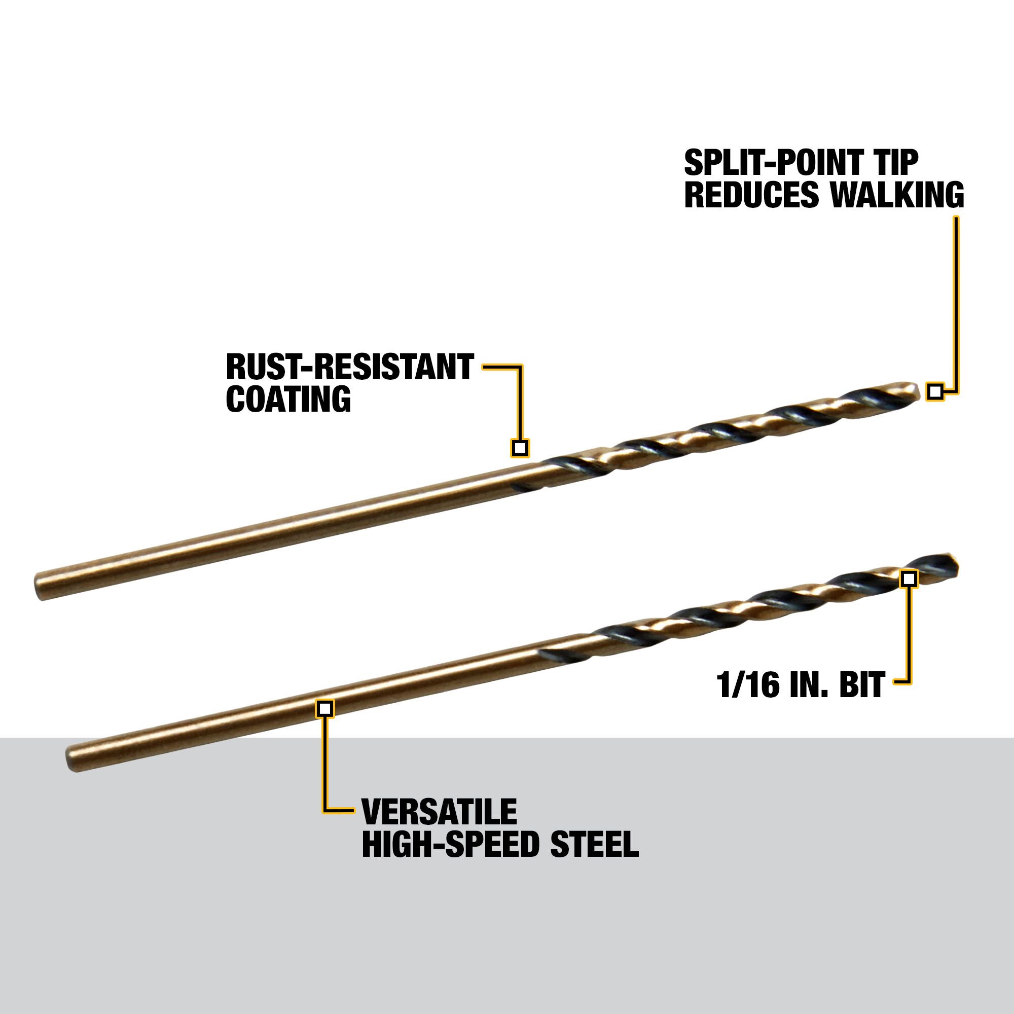 DEWALT Juego de Brocas Torcidas de Jobber de 2 piezas de 1/16 pulgadas surtidas en negro y dorado recubierto de HSS de 1-7/8 pulgadas - DW1104