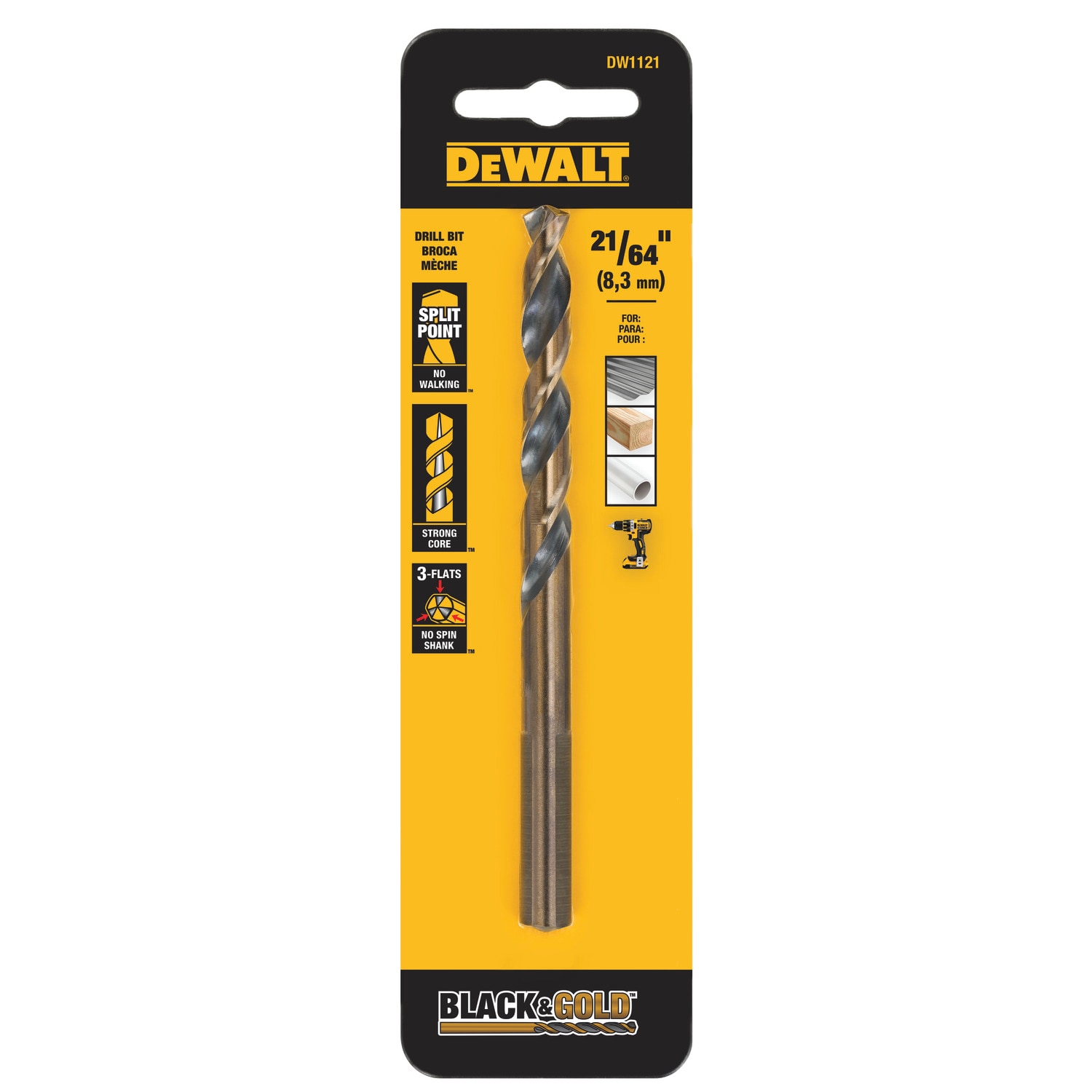 Broca helicoidal de longitud estándar recubierta de negro y oro de 21/64 pulgadas x 4-11/16 pulgadas de DEWALT - DW1121.