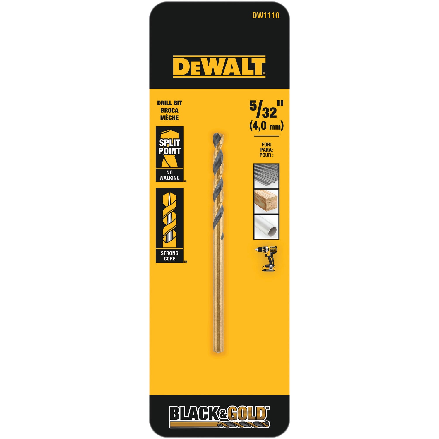 DEWALT 5/32 pulgadas x 3-1/8 pulgadas Broca helicoidal de longitud estándar recubierta en negro y dorado de acero de alta velocidad - DW1110