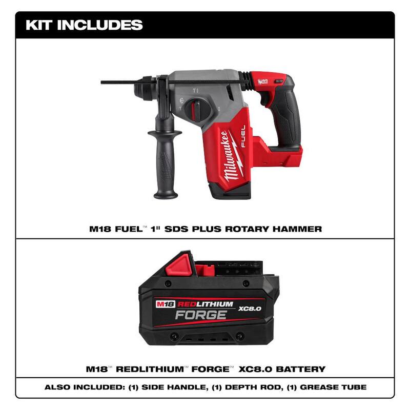 Martillo rotativo inalámbrico Milwaukee M18 FUEL 18V Li-Ion sin escobillas de 1 pulgada SDS-Plus con paquete de batería M18 REDLITHIUM XC 8.0 Ah - 2912-20-48-11-1881