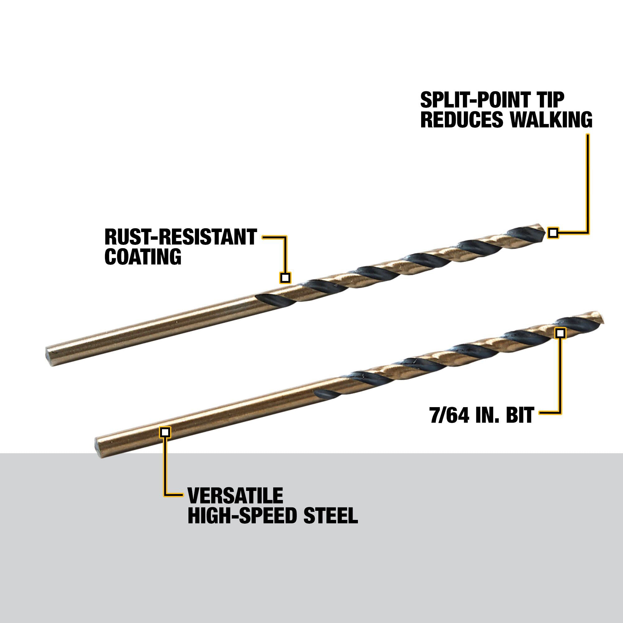 DEWALT DEWALT 2 Piezas de Broca de Espiral de Longitud Estándar de HSS de 7/64 pulgadas x 2-5/8 pulgadas con recubrimiento Negro y Dorado - DW1107