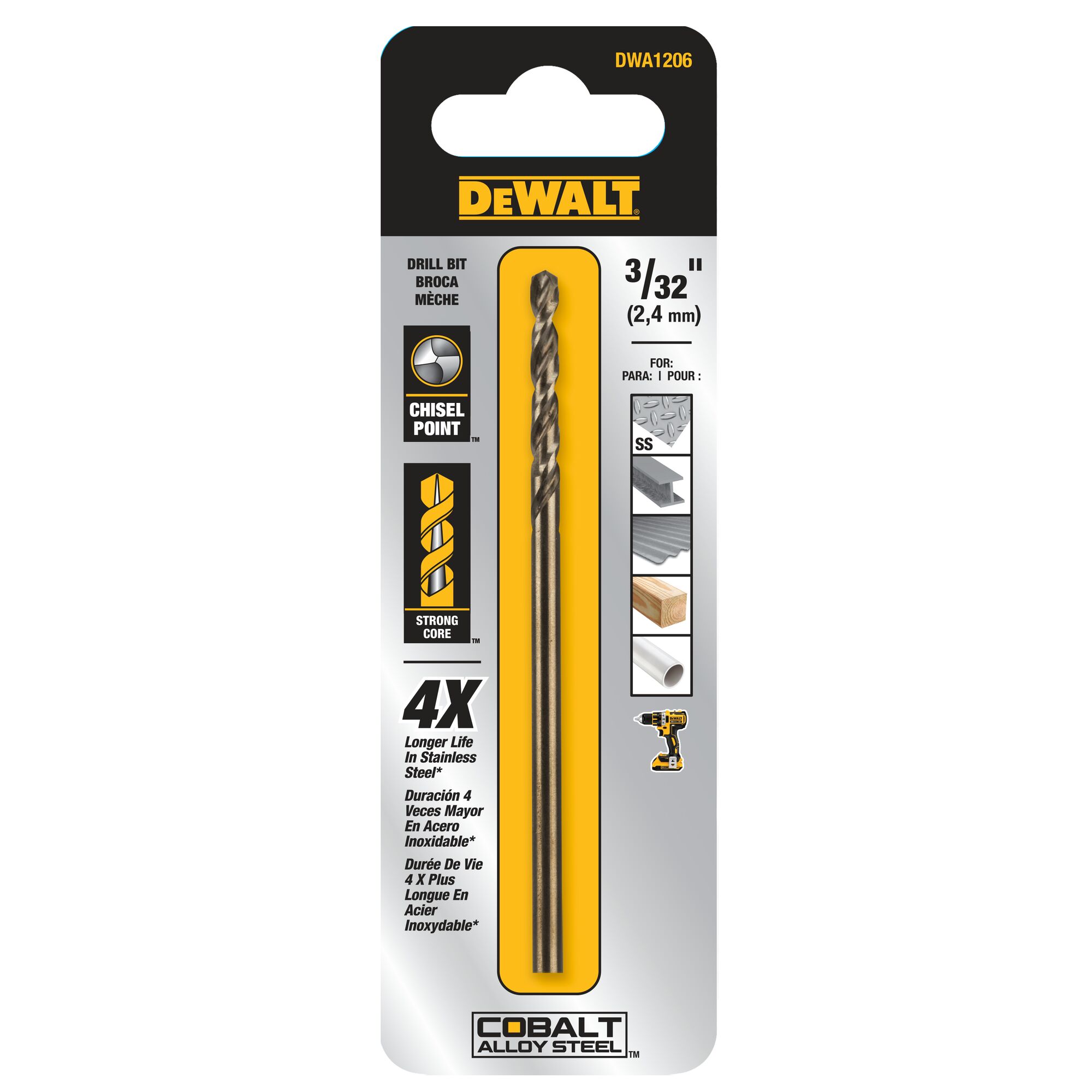 Broca helicoidal de acero de aleación de cobalto DEWALT 3/32 pulg. x 2-1/4 pulg. de longitud estándar para trabajo pesado - DWA1206