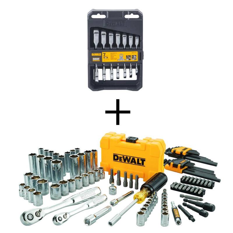 Juego de llaves combinadas métricas DEWALT Stubby con trinquete (7 piezas) y juego de herramientas de mecánica de 1/4 pulg. x 3/8 pulg. (108 piezas) - DWMT19261W73801