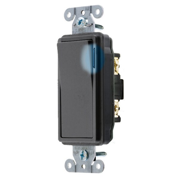Hubbell Wiring Device-Kellems Spec Grade, Illuminated Decorator Switches, General Purpose AC, Single Pole, 20A 120/277V AC, Back and Side Wired, Pre-Wired with 8" #12 THHN - DS120ILBK